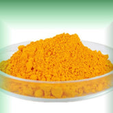 Coenzyme Q10 powder, bright yellow granular powder in a clear plastic dish