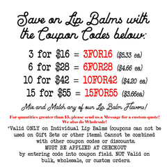 Lip balm coupon codes in black and red text, with prices and savings information, for lip balm purchase