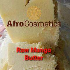 Side angle of golden unrefined mango butter in a glass jar with minimalist label, showcasing rich creamy texture