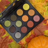 Autumn Splendor vegan eyeshadow palette featuring warm yellow, orange, red, green, and brown matte shades in rectangular pans