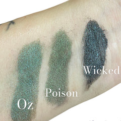 Eyeshadow swatches in green, teal, and black with "Oz", "Poison", and "Wicked" text