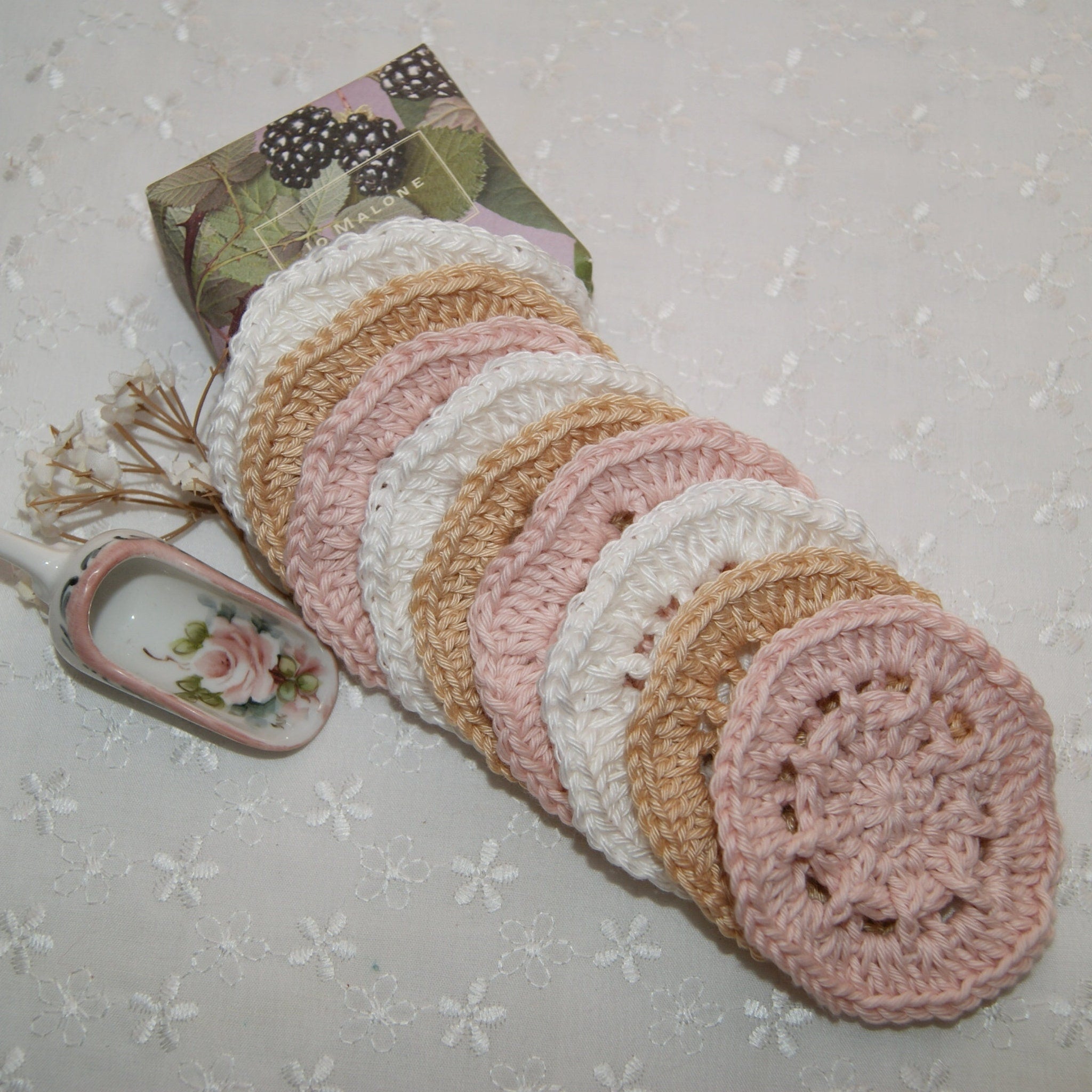 Facial Care Reusable Cotton Rounds, Crochet rounds in pink, white, and tan, stacked together