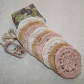 Facial Care Reusable Cotton Rounds, Crochet rounds in pink, white, and tan, stacked together