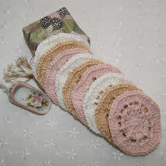 Facial Care Reusable Cotton Rounds, Crochet rounds in pink, white, and tan, stacked together
