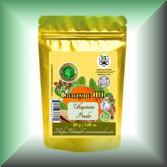 Coenzyme Q10 powder in gold pouch with green and yellow label, High Altitude Cosmeceuticals brand