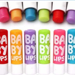 Lip balm tubes in various colors, white base, "BABY LIPS" text on tubes