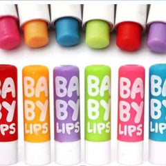 Lip balms in various colors with "BABY LIPS" text, white base and Kiss my Dolly brand