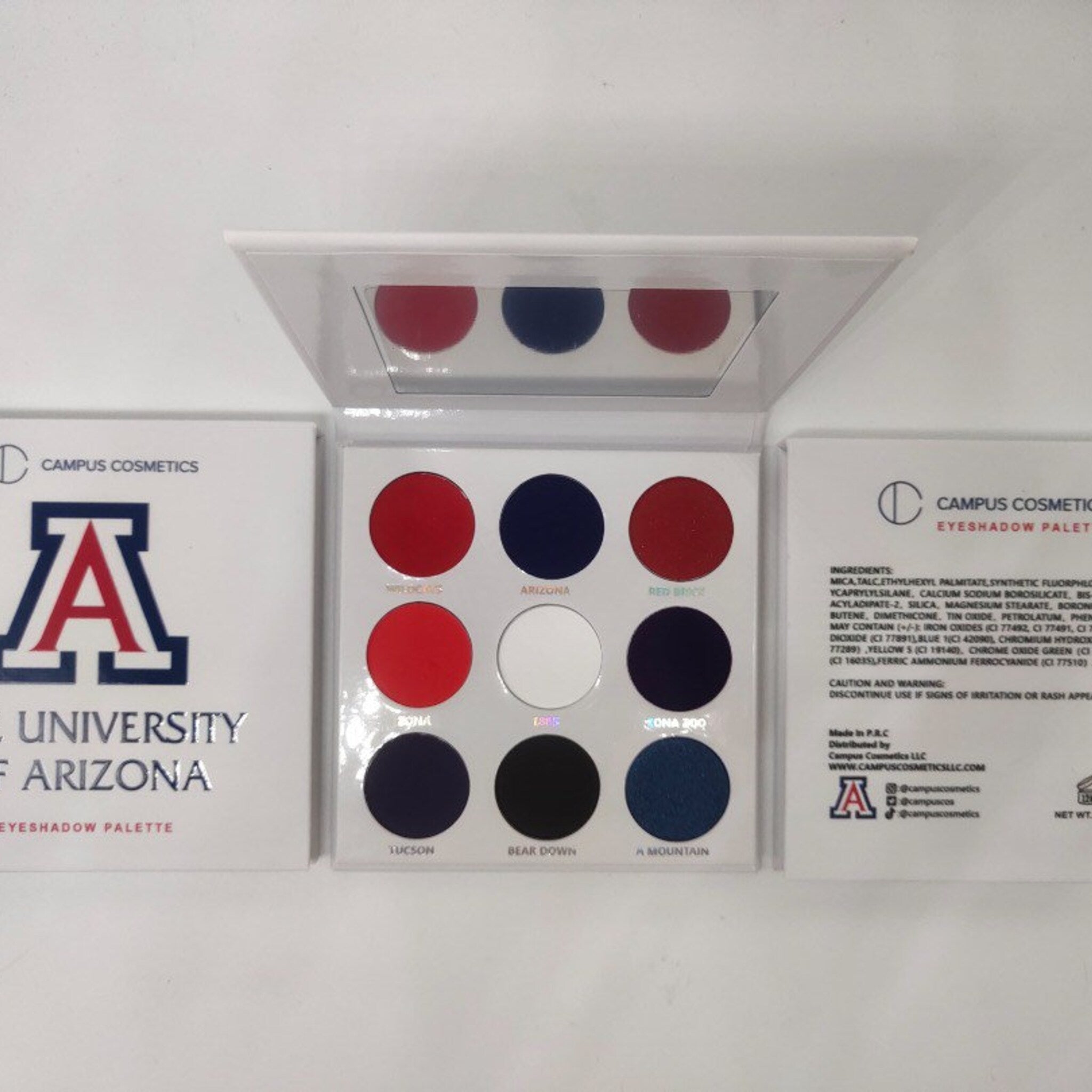 Close-up of Arizona University Eye Shadow palette showing vibrant matte and shimmer shades in warm desert tones