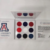 Close-up of Arizona University Eye Shadow palette showing vibrant matte and shimmer shades in warm desert tones