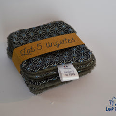 Makeup remover wipes, black and blue geometric pattern, gray fluffy material, Loup Indigo branding