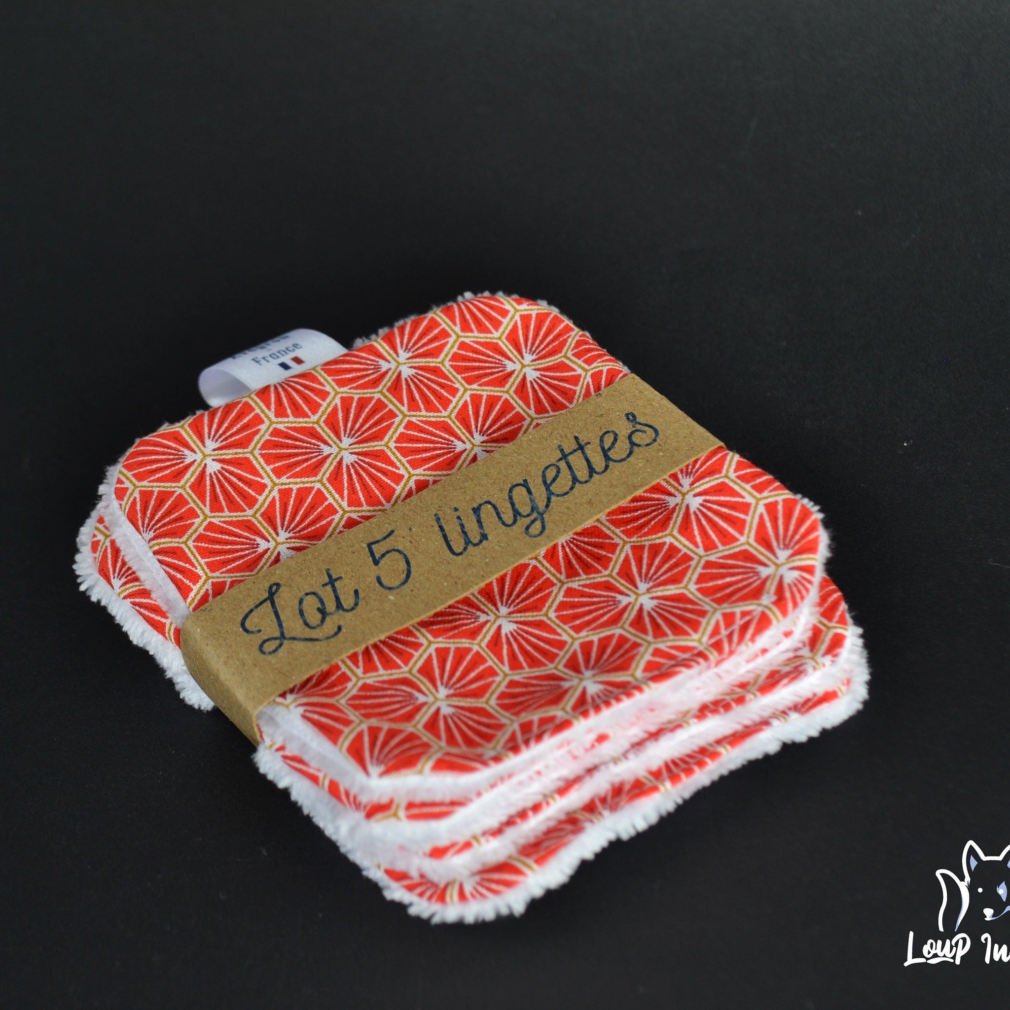 Washable makeup remover wipes, red geometric pattern, white trim, Loup Indigo branding