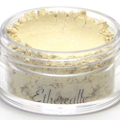 Eyeshadow powder, pale yellow color, loose powder texture, in clear jar with "Etherealle" text