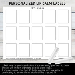 Personalized lip balm labels on white paper with black outlines, JOY & chaos brand visible, for lip balm tubes