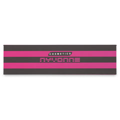 Cosmetics box with pink and gray stripes, brand name "NYVONE" visible on front.
