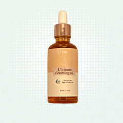 Cleansing oil bottle with gold cap and label, amber liquid, and "OYU" brand text