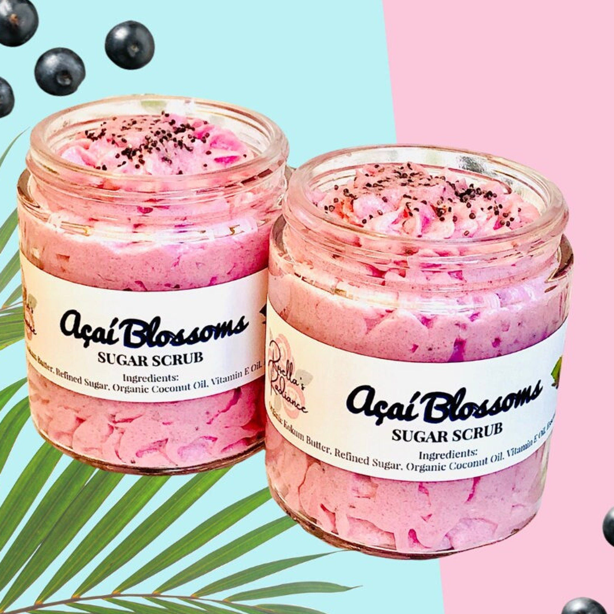 Sugar scrub in glass jars, pink whipped texture with dark seeds, Aa Blossoms label visible