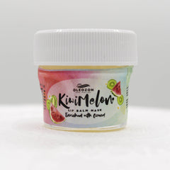 Lip balm mask with white lid, colorful label with "Kiwi Melon" text, and fruit illustrations