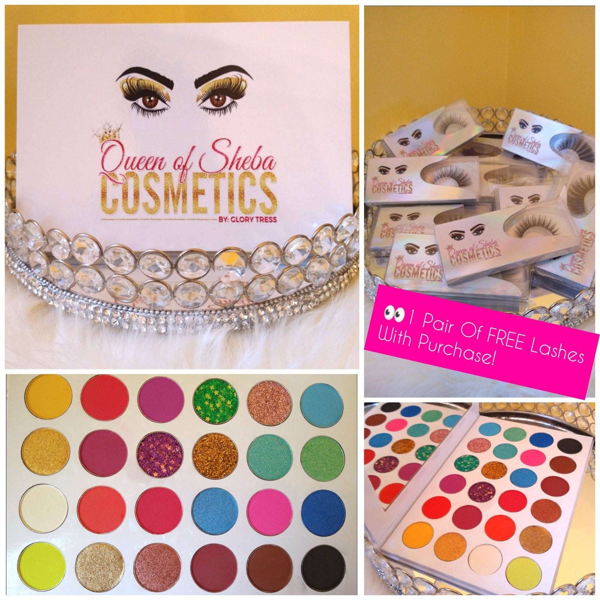 Eyeshadow palette with multiple colors, glitter, and mirror, Glory Tress Cosmetics