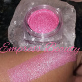 Eyeshadow pink shimmer jar and swatch, Empress Beauty brand visible