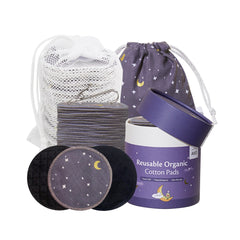 Makeup remover pads set with black and patterned cotton rounds, mesh bag, and pouch