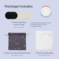 Cotton pads in black, white, and cream, with a printed pouch and mesh laundry bag