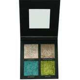 Glitter eyeshadow palette with black case, glittery shades, and mirror.