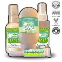 Skincare products in white bottles with green labels and text, including Oxygen Lotion and Mist