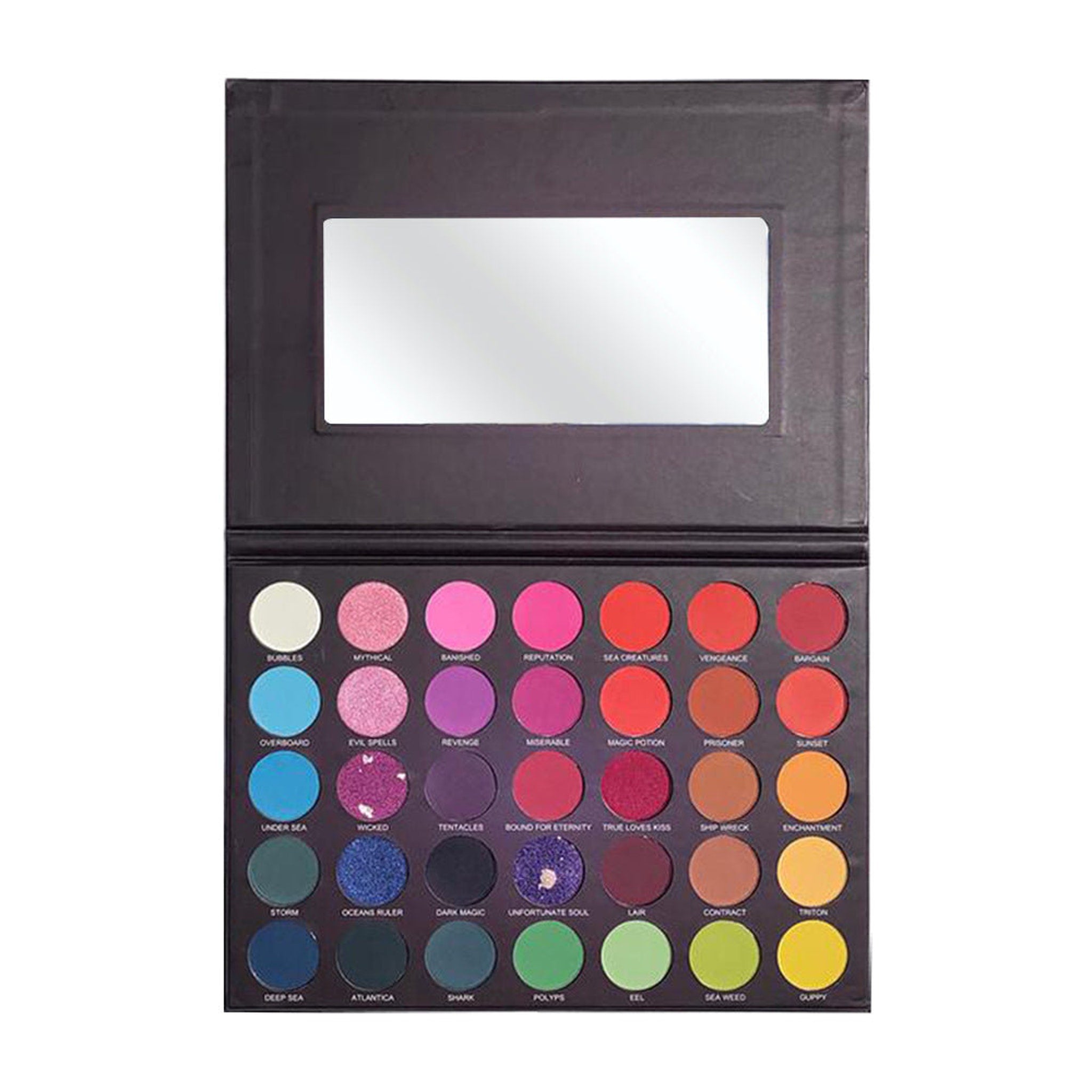 Eyeshadow palette with mirror, black case, and colorful eyeshadows for makeup