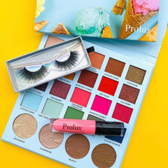 False eyelashes with black synthetic material, silver packaging, and eyeshadow palette with Prolux brand