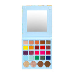 Eyeshadow palette with colorful shades, mirror, and light blue frame for makeup application