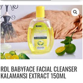 Facial cleanser bottle with yellow cap and liquid, RDL Babyface brand, with fruit props