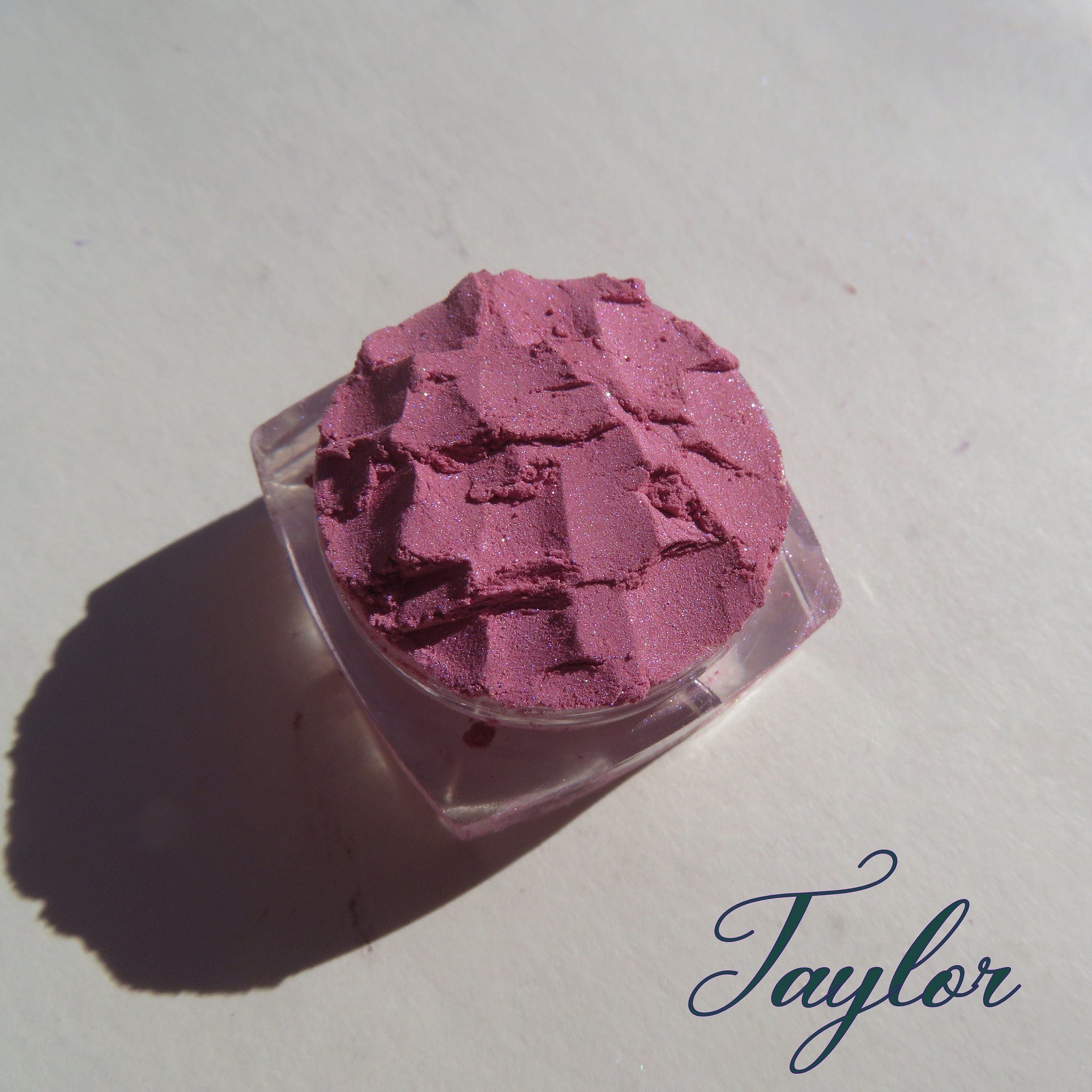 Taylor loose mineral eyeshadow in pale pink shimmer shade with vegan, cruelty-free label