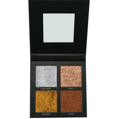 Eyeshadow palette with silver, gold, copper glitter shades in a black compact with a mirror
