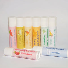 Lip balm tubes with various flavors, white and colored labels, MorganEK branding visible