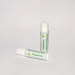 Lip balm tubes, white and green label with "Peppermint" text, on white background