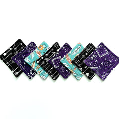 Coasters with black, purple, and teal patterns, various arrow and floral designs, square shape