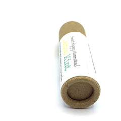 Lip balm tube, brown cardboard, white label, Sweet Poppy Homestead Lemon Mint text visible