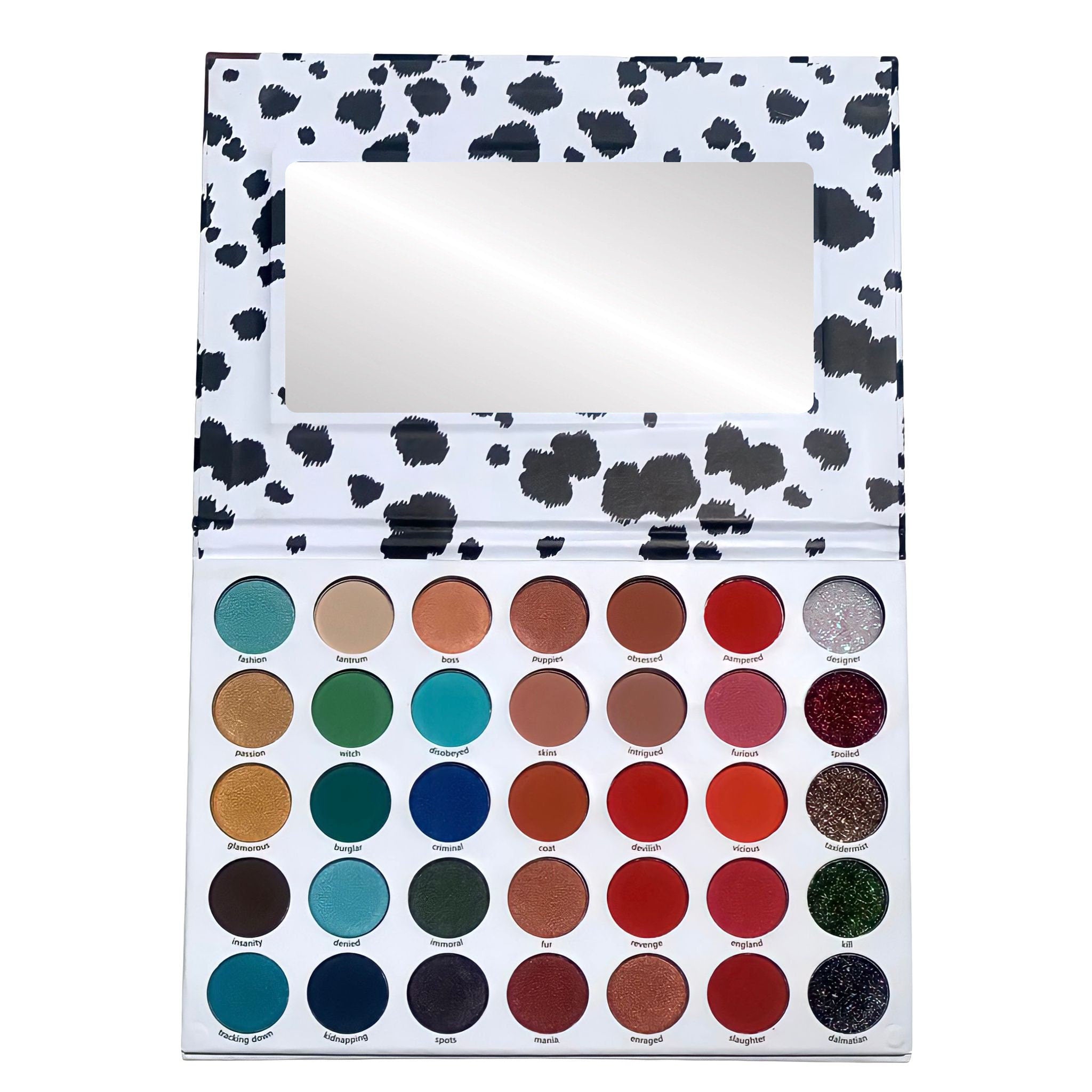 Eyeshadow palette with black and white dalmatian print, mirror, and colorful eyeshadows Prolux