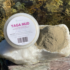 White tube of Yaga volcanic clay mask with minimalist black text on matte finish