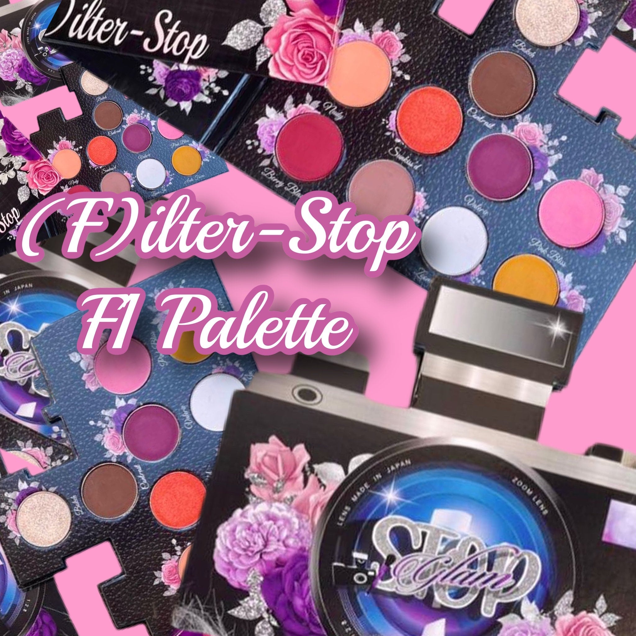 Eye shadow palette with floral pattern, various colors, and Filter-Stop brand name visible