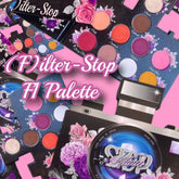 Eye shadow palette with floral pattern, various colors, and Filter-Stop brand name visible
