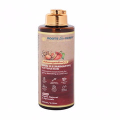 Skin Illuminating Activator bottle with brown, gold cap, and Roots & Herbs label for skincare