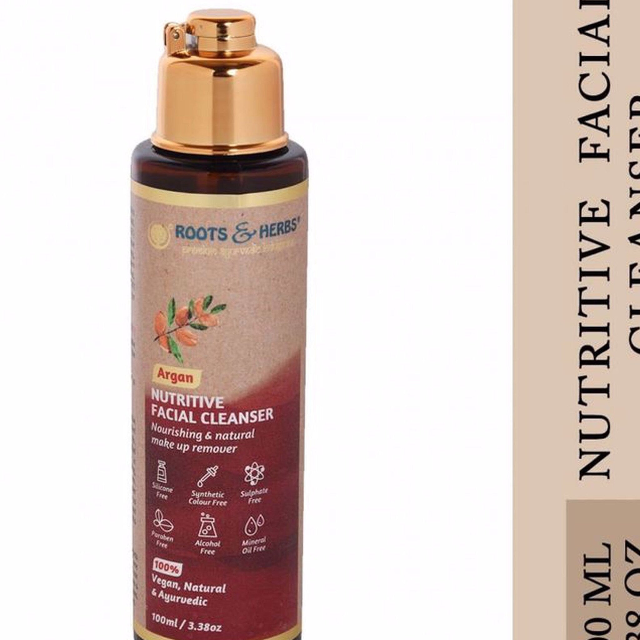 Facial cleanser bottle brown and gold with Roots & Herbs text and label details