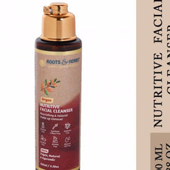 Facial cleanser bottle brown and gold with Roots & Herbs text and label details