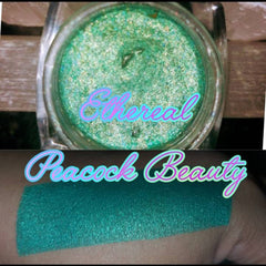 Close-up of peacock-inspired eyeshadow palette with vibrant blue and green shimmering shades in compact case