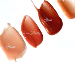 Lip gloss swatches in various shades of pink, red, and brown, with "Blush", "Call me Pretty", and "Spice" text
