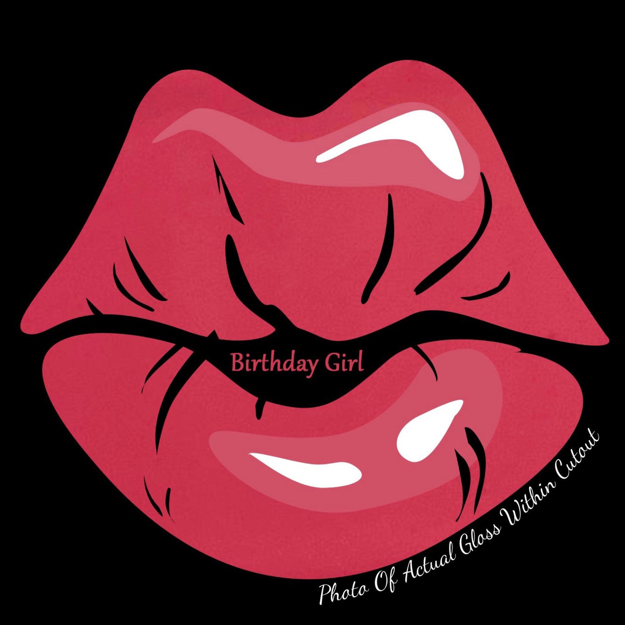 Lip gloss illustration in pink with black accents and "Birthday Girl" text on black background