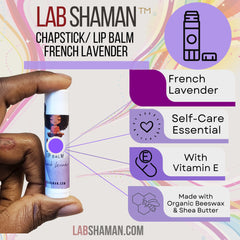 Lip balm tube with white, purple, and black design, held by hand, French Lavender text visible