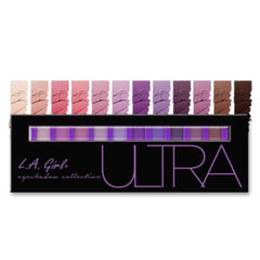Eye shadow palette with multiple shades of purple, brown, and pink, with L.A. Girl Ultra branding on black case