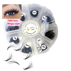 Eyelash extensions black wispy style in clear container with Kimeyelashes branding and length labels